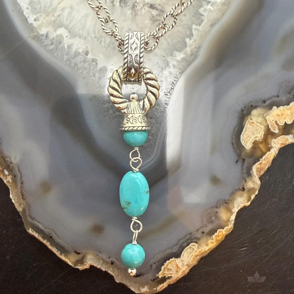 Carolyn Pollack Sterling Silver Turquoise Pendant on Rope Link Chain Necklace For Women