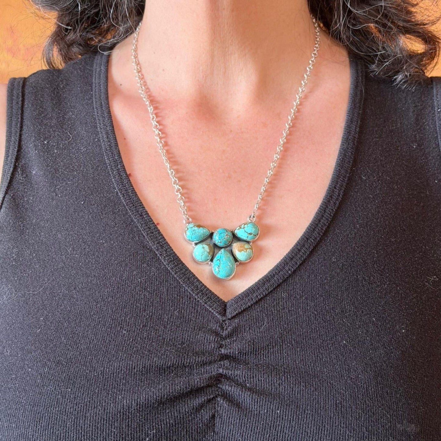 Sterling Silver Southwestern Style Turquoise #8 Cluster 19" Lariat Necklace For Women