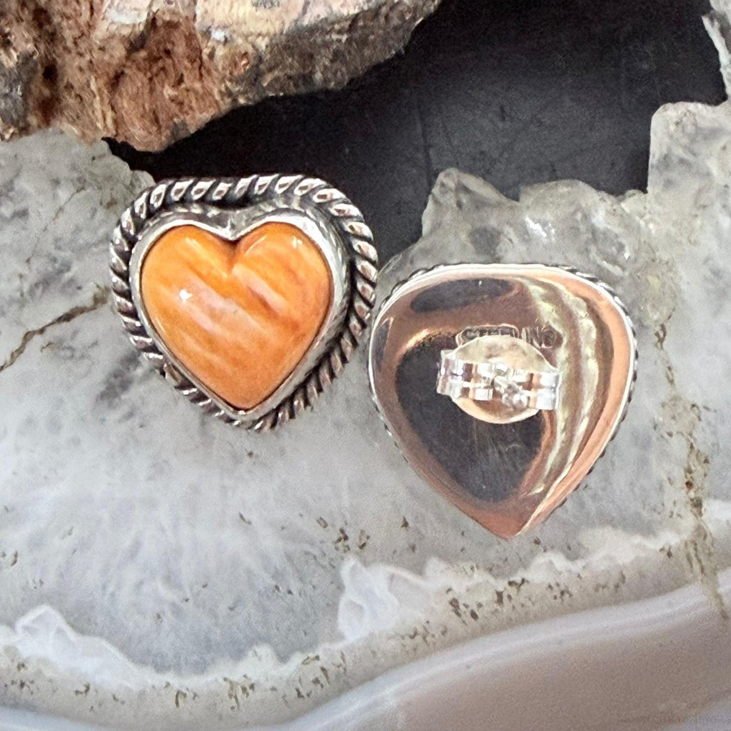 Native American Sterling Silver Orange Spiny Oyster Heart Post Earrings For Women