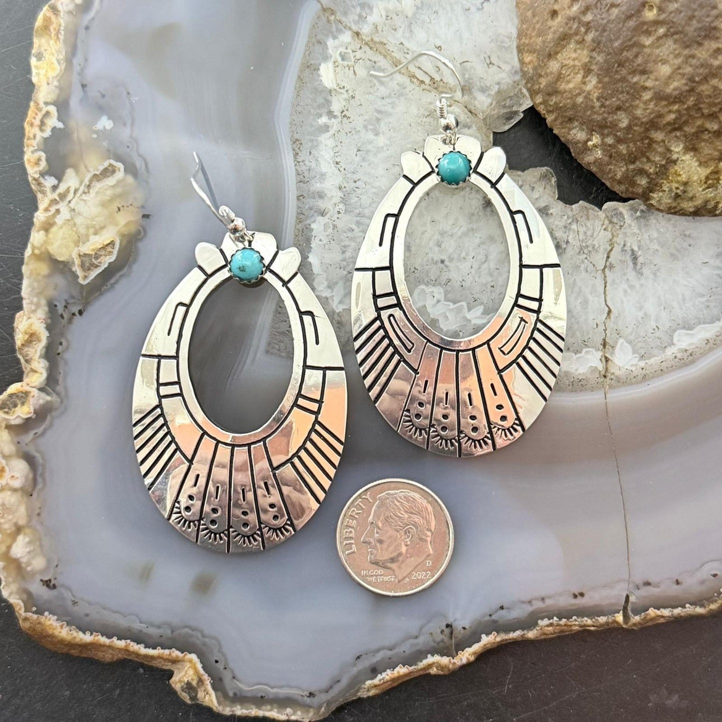 Tommy & Rosita Singer Sterling Silver Turquoise Dot Engraved Dangle Earrings For Women