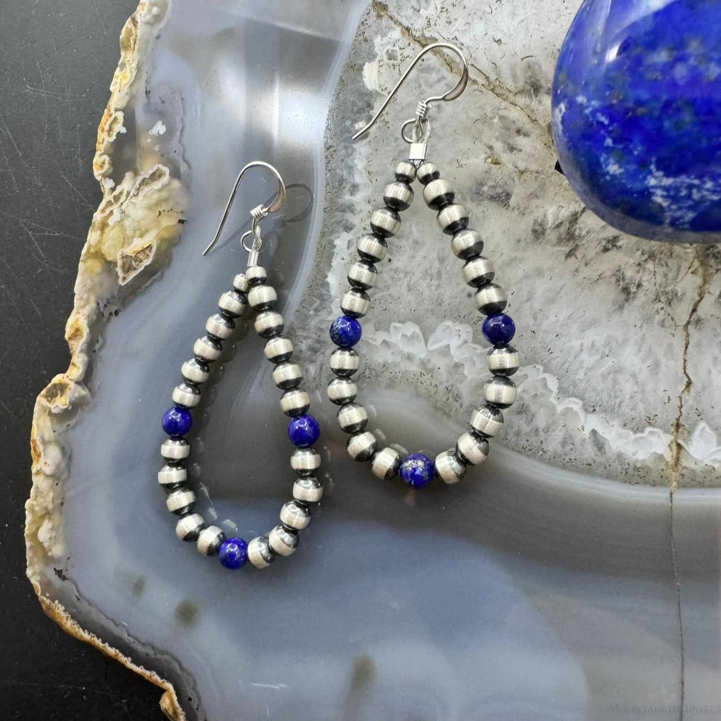 Sterling Silver Navajo Pearl Beads & Lapis Hoop Dangle Earrings For Women