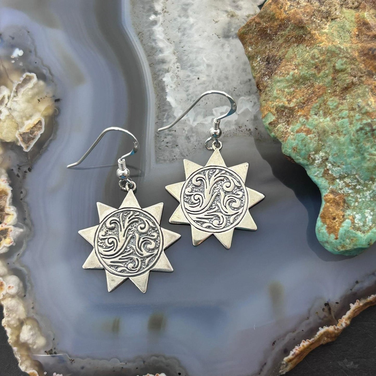Carolyn Pollack Southwestern Style Sterling Silver Sun w/Swirl Engraved Dangle Earrings