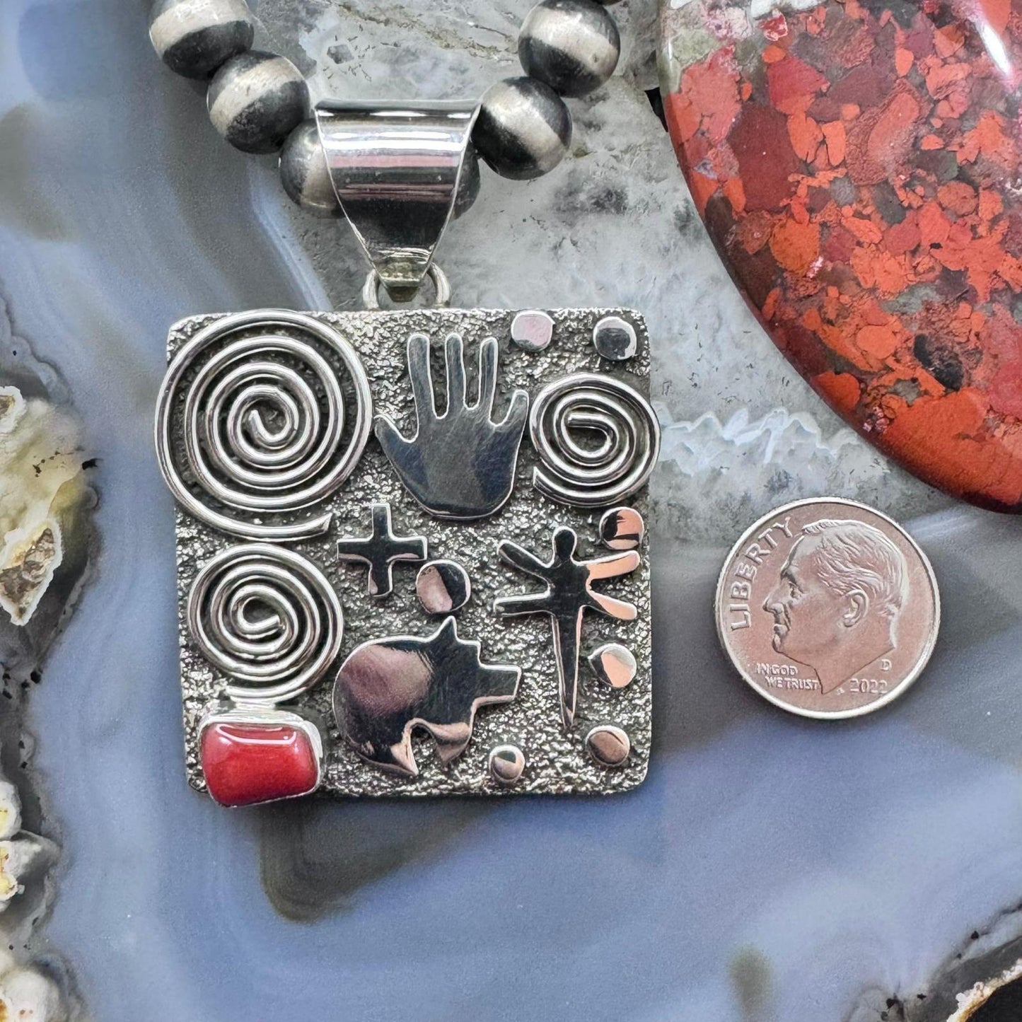 Alex Sanchez Native American Sterling Silver Coral Square Petroglyph Unisex Pendant