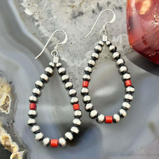 Navajo Pearl Beads 4mm and Coral Sterling Silver Hoop Dangle Earrings For Women