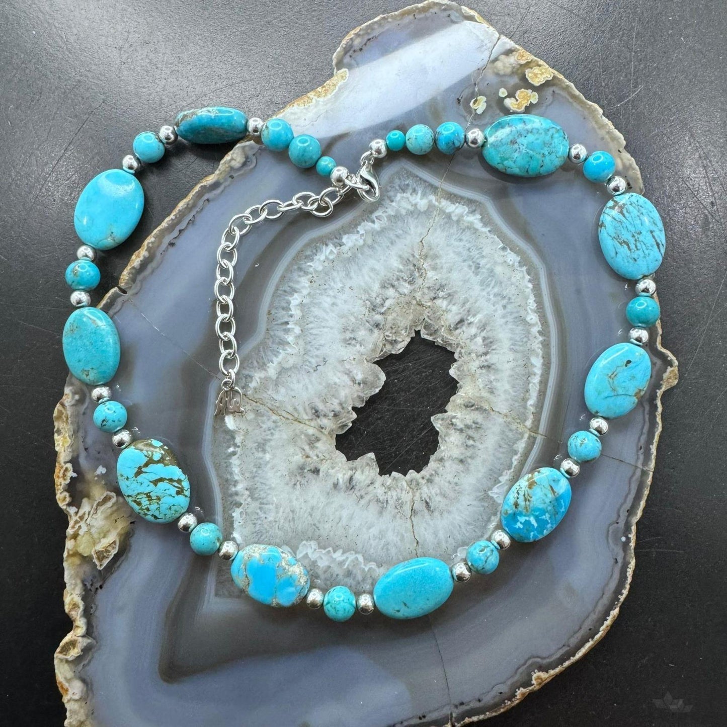 Carolyn Pollack Sterling Silver Flat Oval Turquoise Adjustable Beaded Necklace For Women