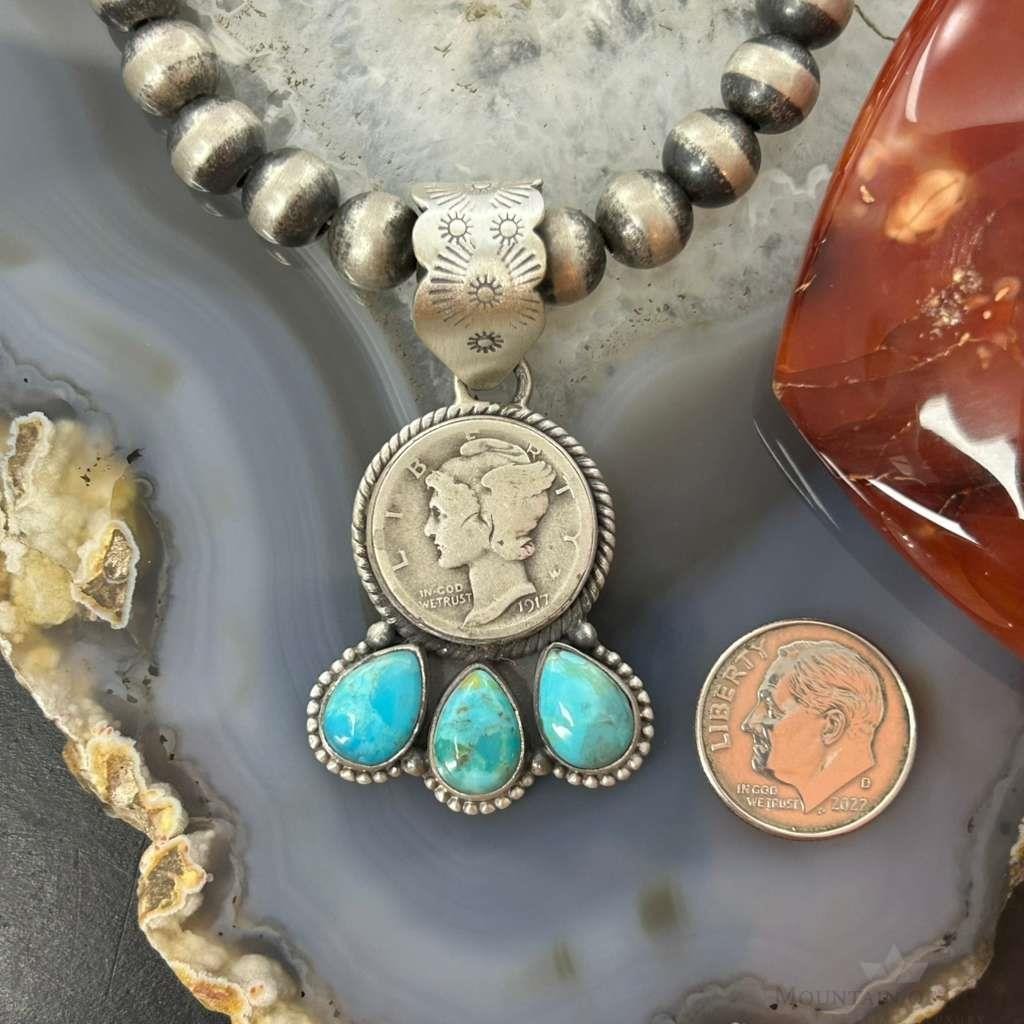 Genuine 1917 90% Silver Mercury Dime Coin w/Teardrop Turquoise Decorated Unisex Pendant