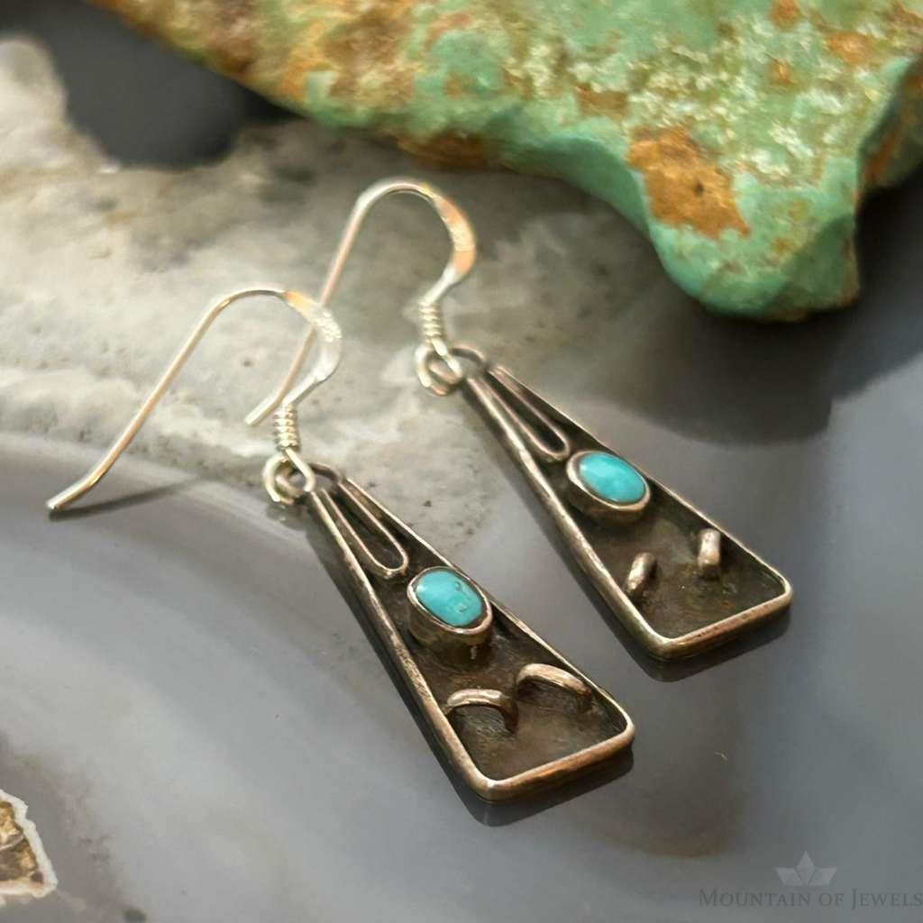 Vintage Silver Native American Turquoise Triangle Dangle Earrings For Women