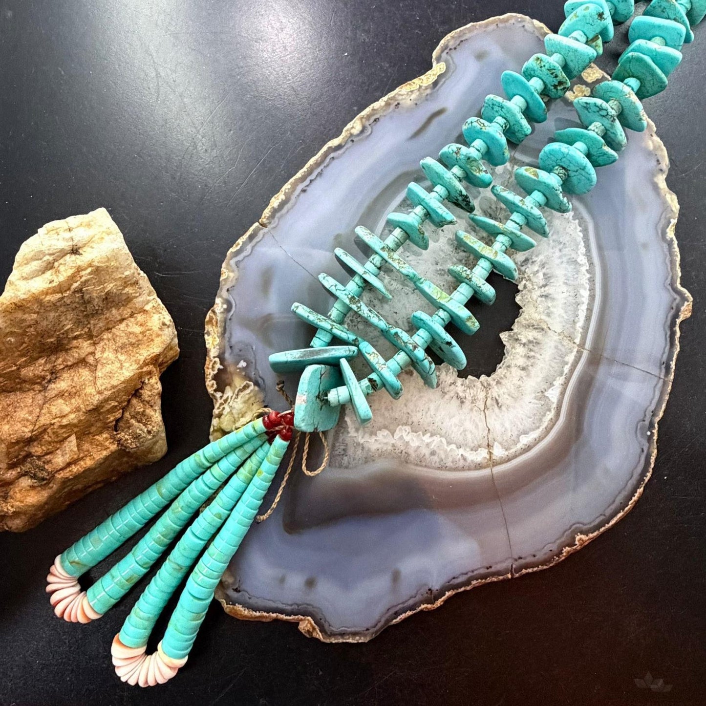 Vintage Native American Disk Beads Turquoise & Spiny Oyster Jacla Necklace For Women