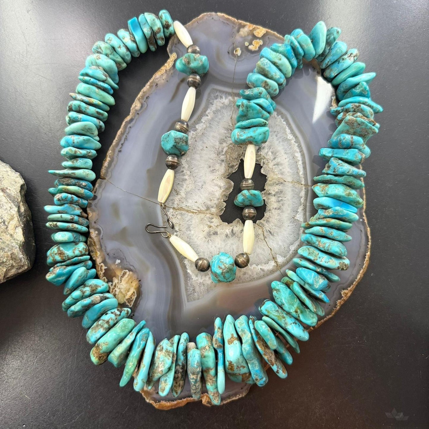 Vintage Native American Large & Heavy Rough Turquoise Beads w/MOP Necklace For Women