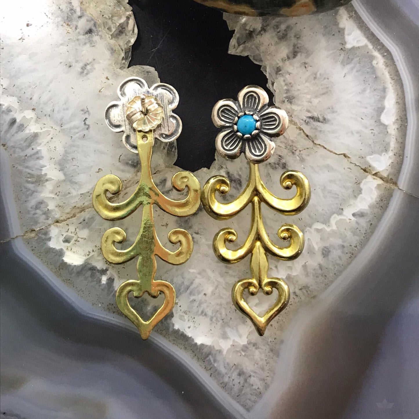 Carolyn Pollack Sterling Silver & Brass Turquoise Dot Flower Dangle Earrings For Women