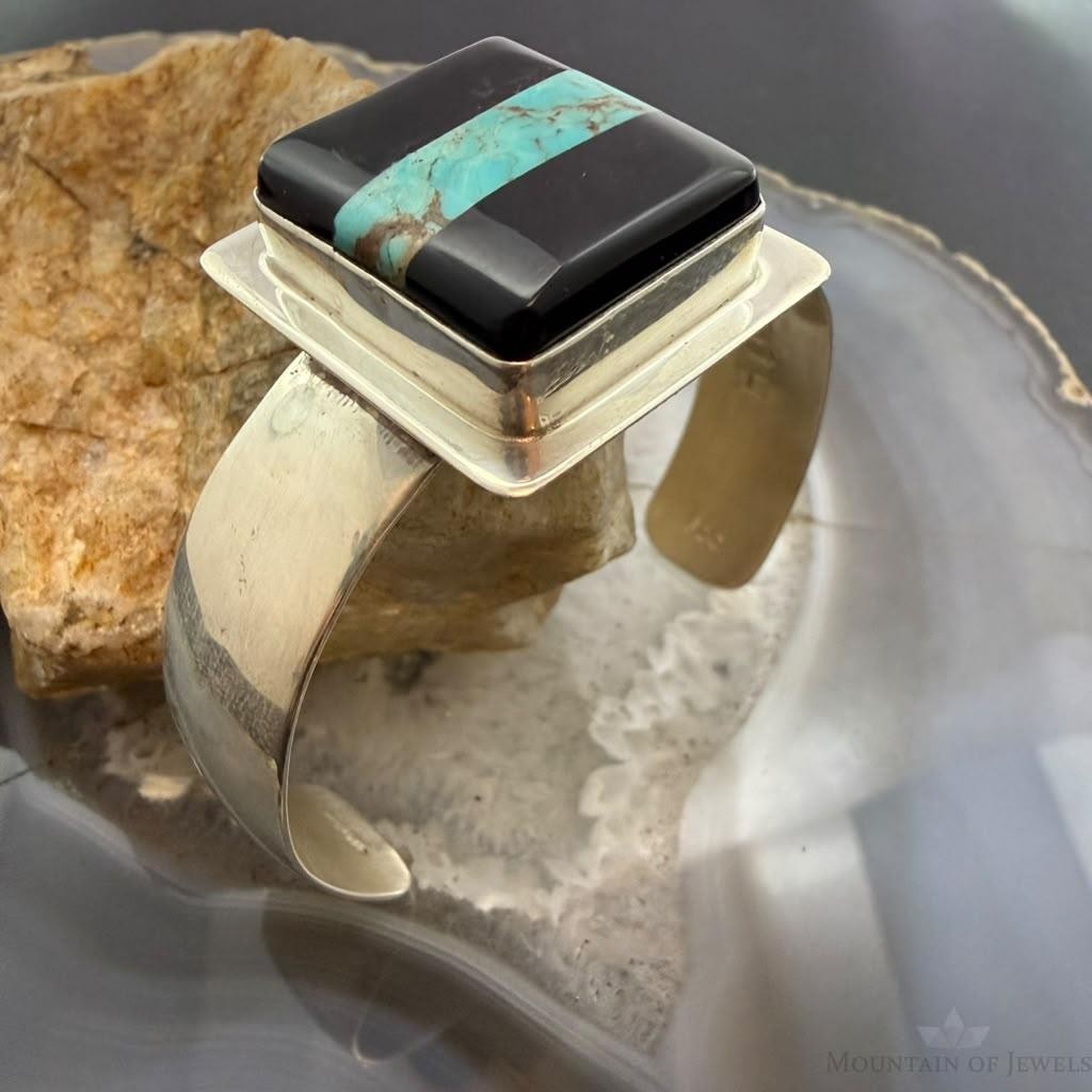 Frank Chavez Sterling Silver Native American Square Onyx & Turquoise Bracelet For Women