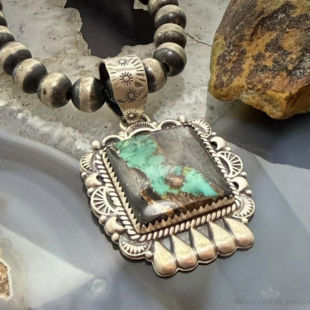 Sterling Silver Southwestern Style Square Blackjack Turquoise Decorated Pendant