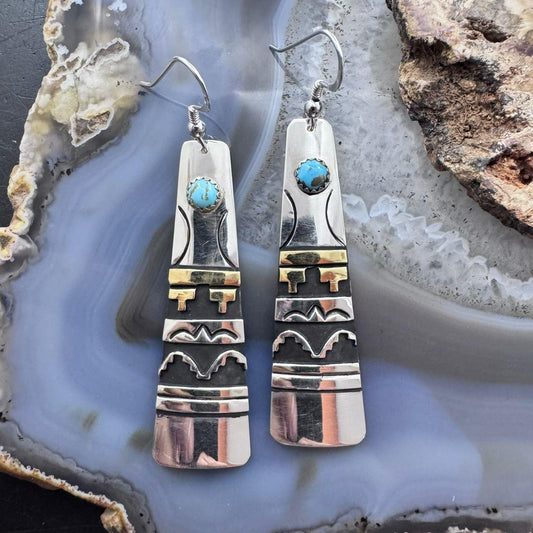 Tommy & Rosita Singer Sterling Silver & Gold Filled Turquoise Elongated Dangle Earrings For Women