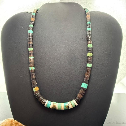 Vintage Native American Heishi Shell and Turquoise Beads 16" Necklace For Women