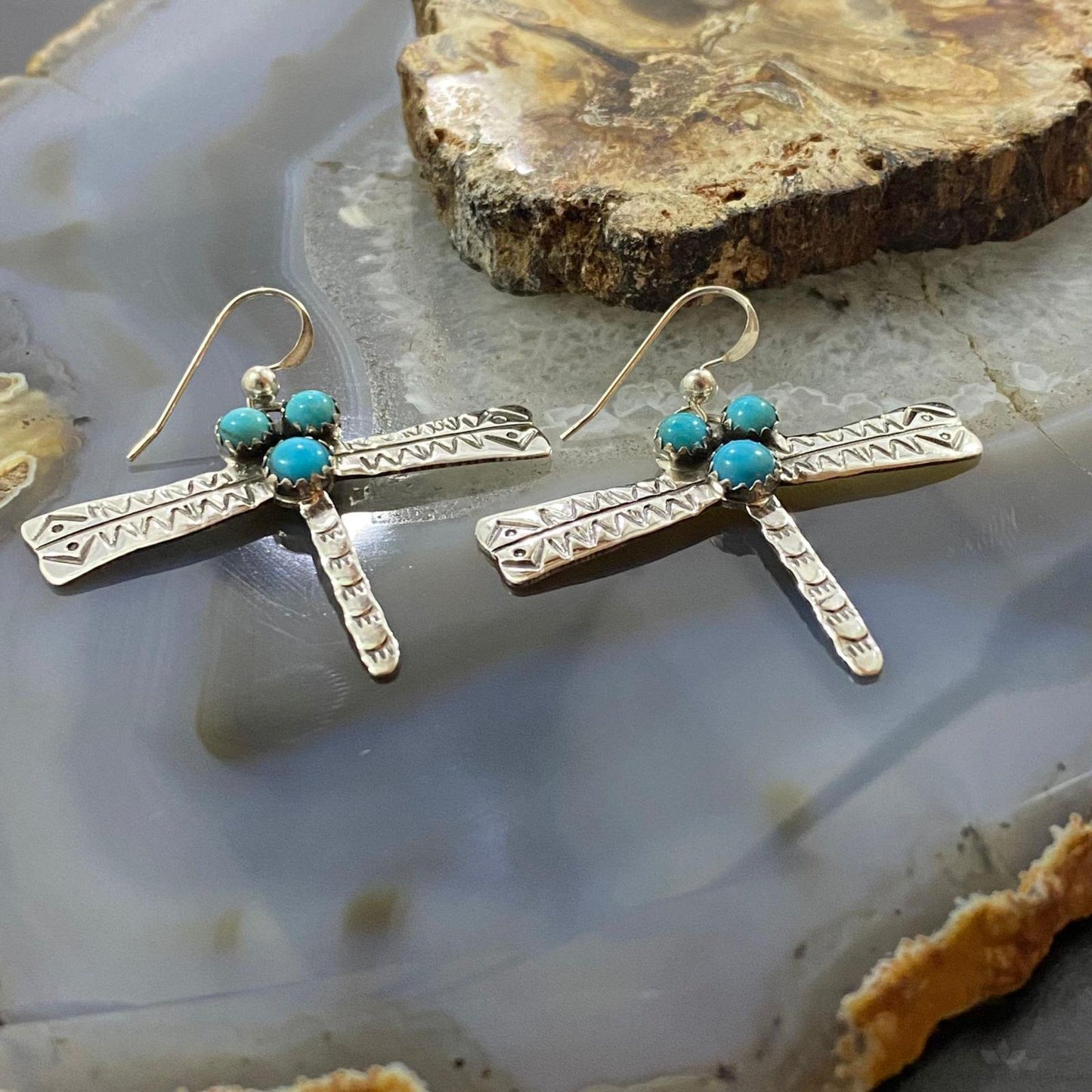 Brad Panteah Sterling Dragonfly w/3 Sleeping Beauty Turquoise Dangle Earrings For Women