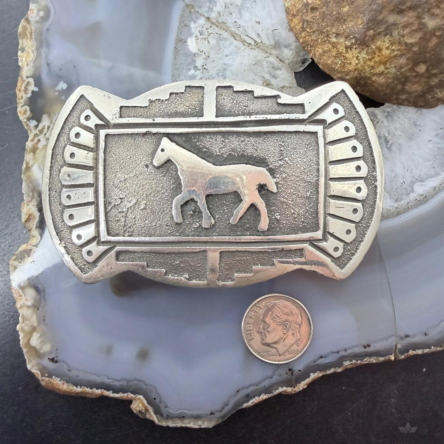 Emerson Kinsel Native American Sterling Silver Overlay Horse Belt Buckle For Men