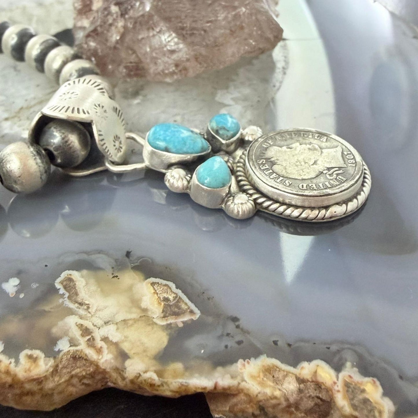 Genuine 1907 90% Silver Barber Head Dime Coin Mohave Turquoise Unisex Pendant