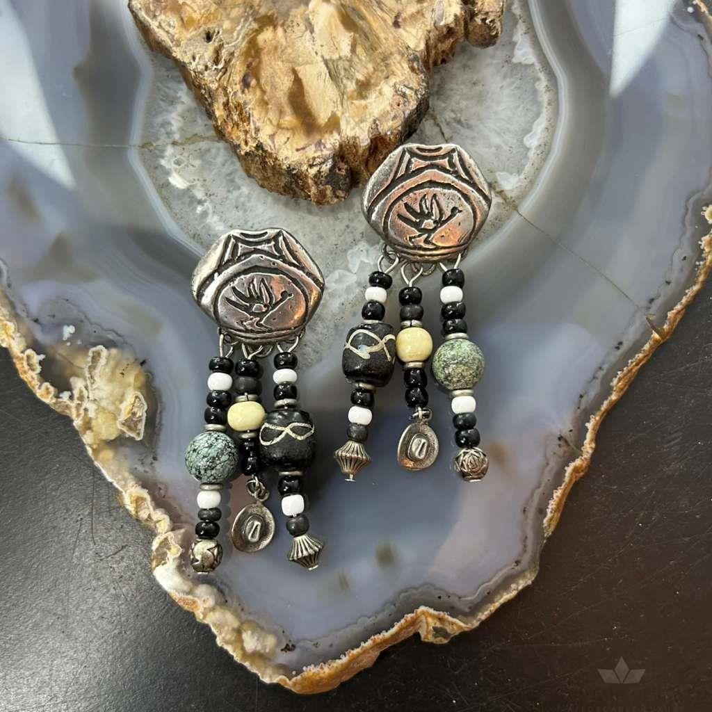 Vintage Sterling Silver Southwestern Roadrunner Beads Dangle Earrings For Women