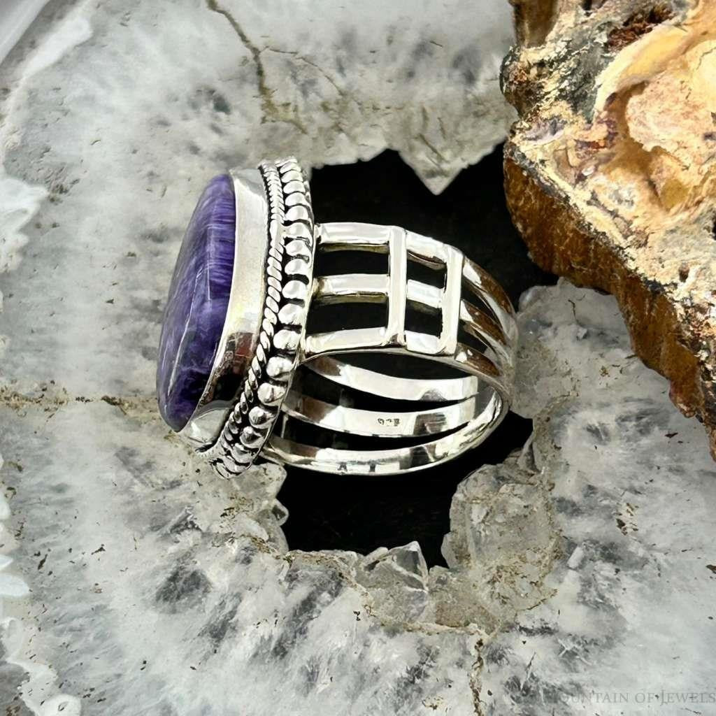 Sterling Silver Southwestern Style Teardrop Charoite Decorated Ring Size 7.5 For Women