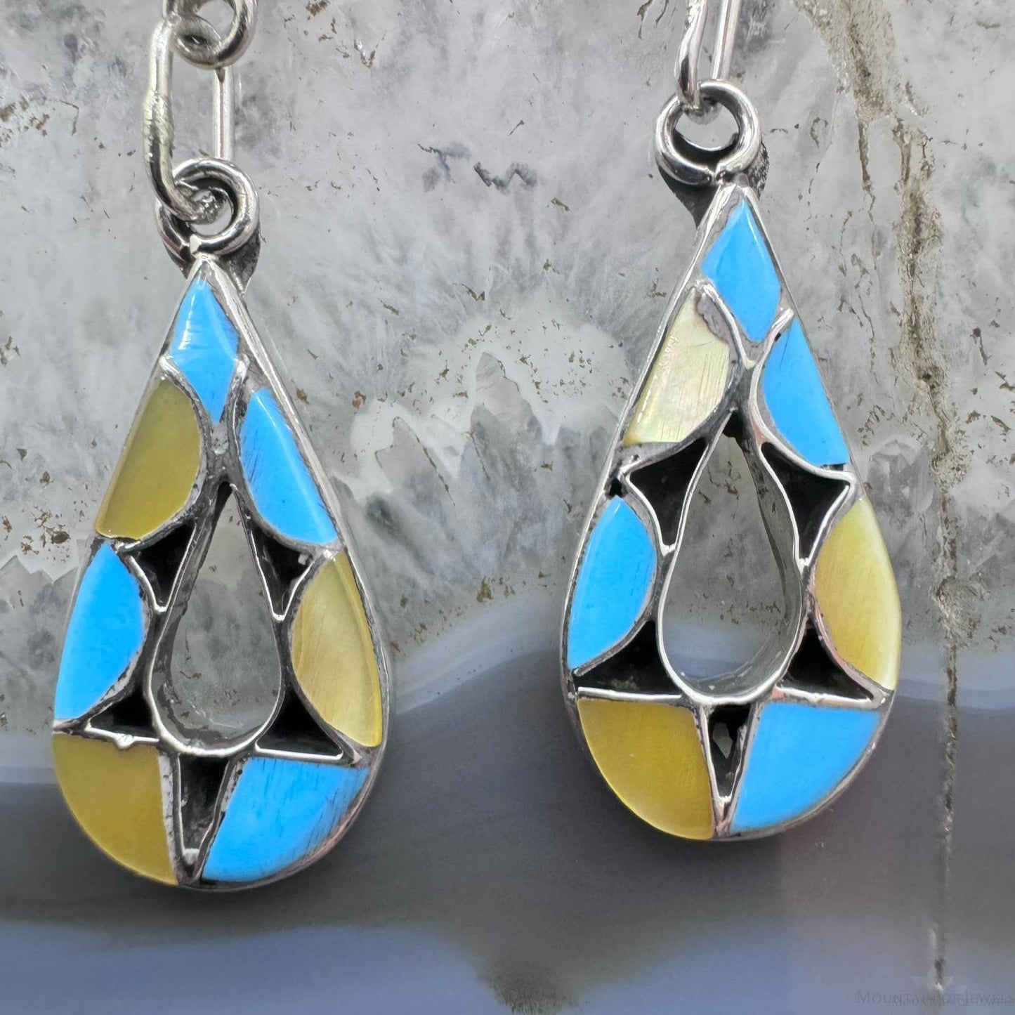 Emma Bowekaty Sterling Silver Multistone Zuni Inlay Dangle Earrings For Women #1