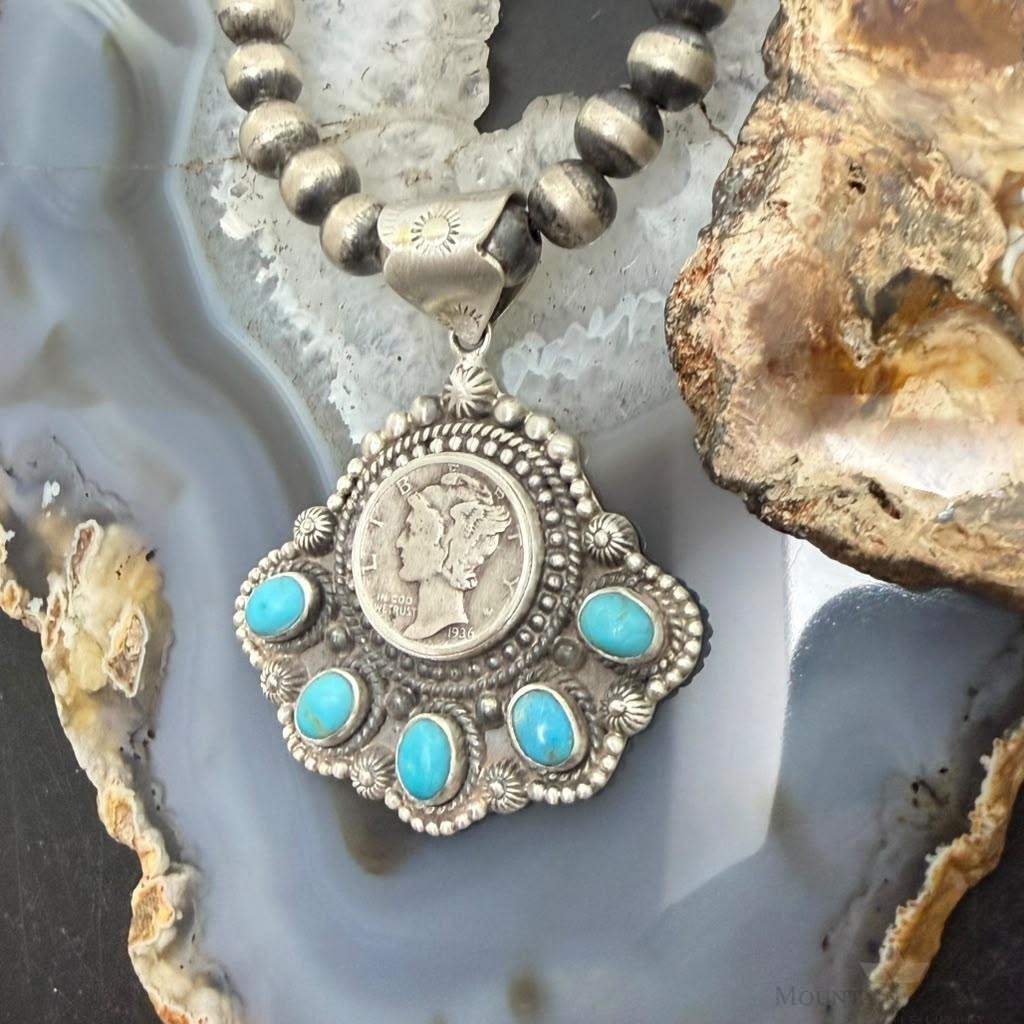Sterling Silver Southwestern Style 1936 Mercury Dime &Kingman Turquoise Pendant