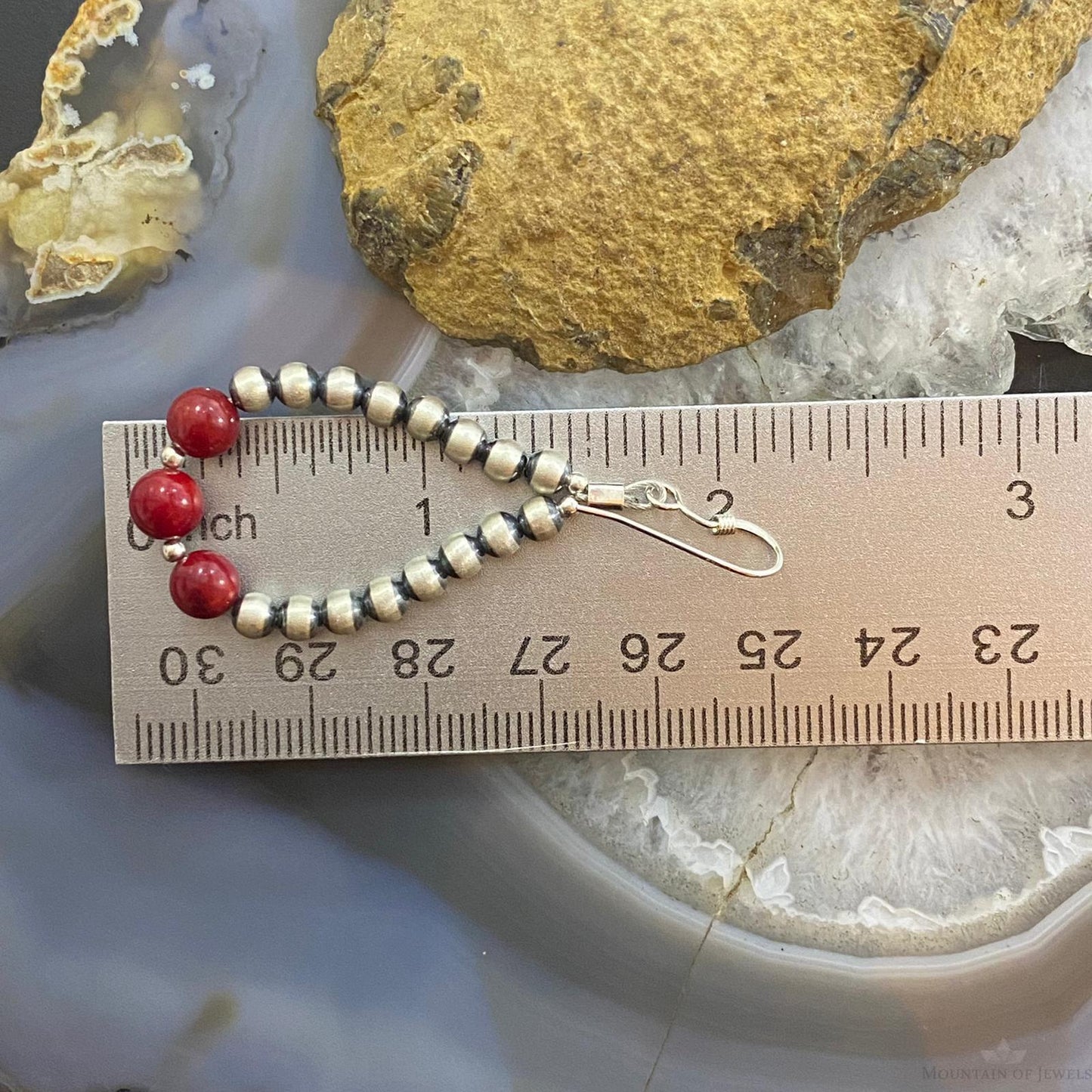 Navajo Pearl & Bamboo Coral Bead Graduated 4-6 mm Sterling Hoop Dangle Earrings