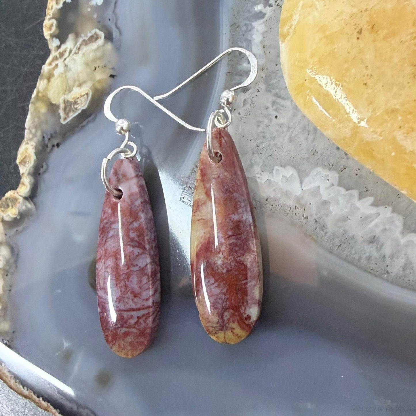 Sterling Silver Teardrop Plum Moss Agate Slab Dangle Earrings For Women #507