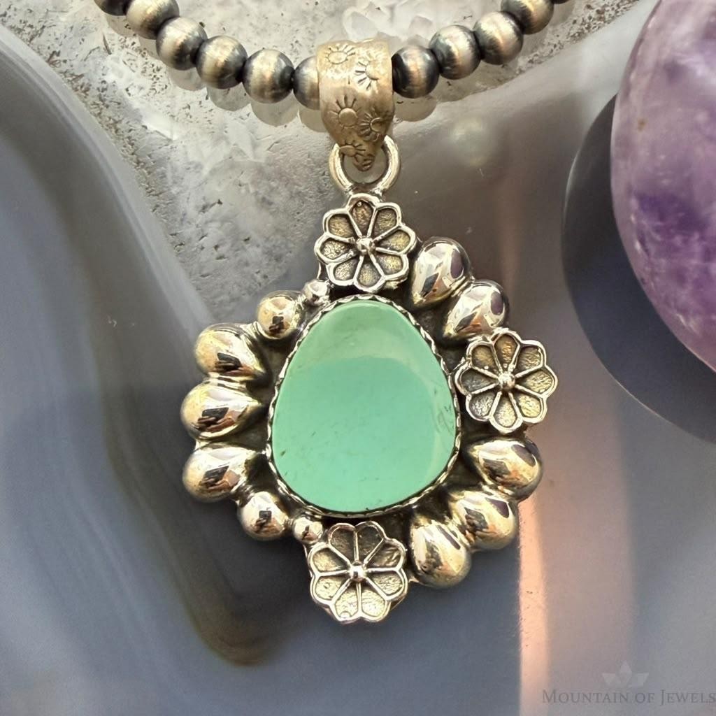 Sterling Silver Southwestern Style Turquoise w/Flower Decorated Pendant For Women #1