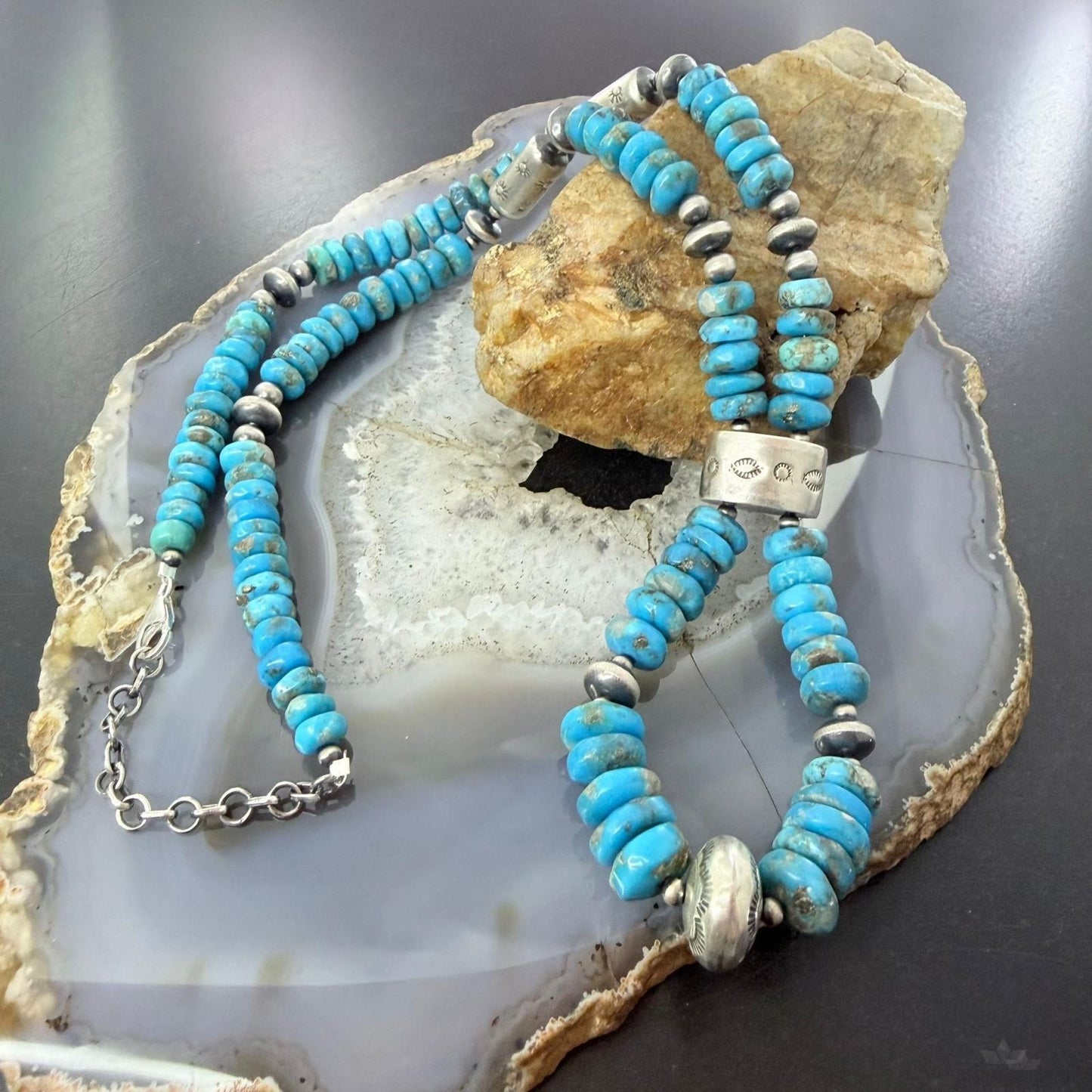 Sterling Silver Southwestern Style Turquoise Disk Beads & Starling Beads 20" Necklace For Women