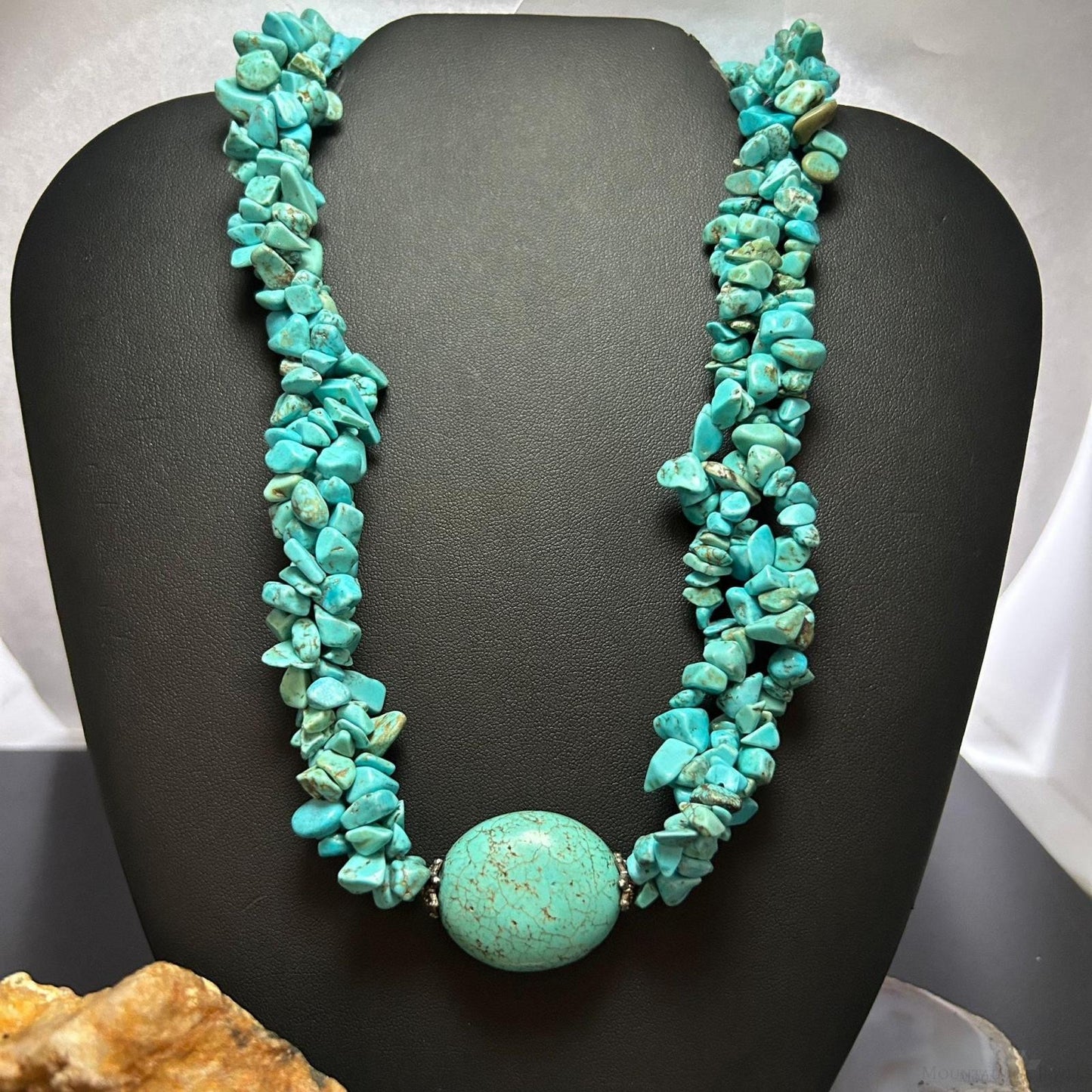 Native American Oval Turquoise Stone w/3 Strands Natural Turquoise Necklace