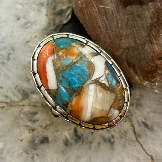 Sterling Silver Southwestern Style Oval Spiny Oyster Turquoise Ring Size 9 For Women