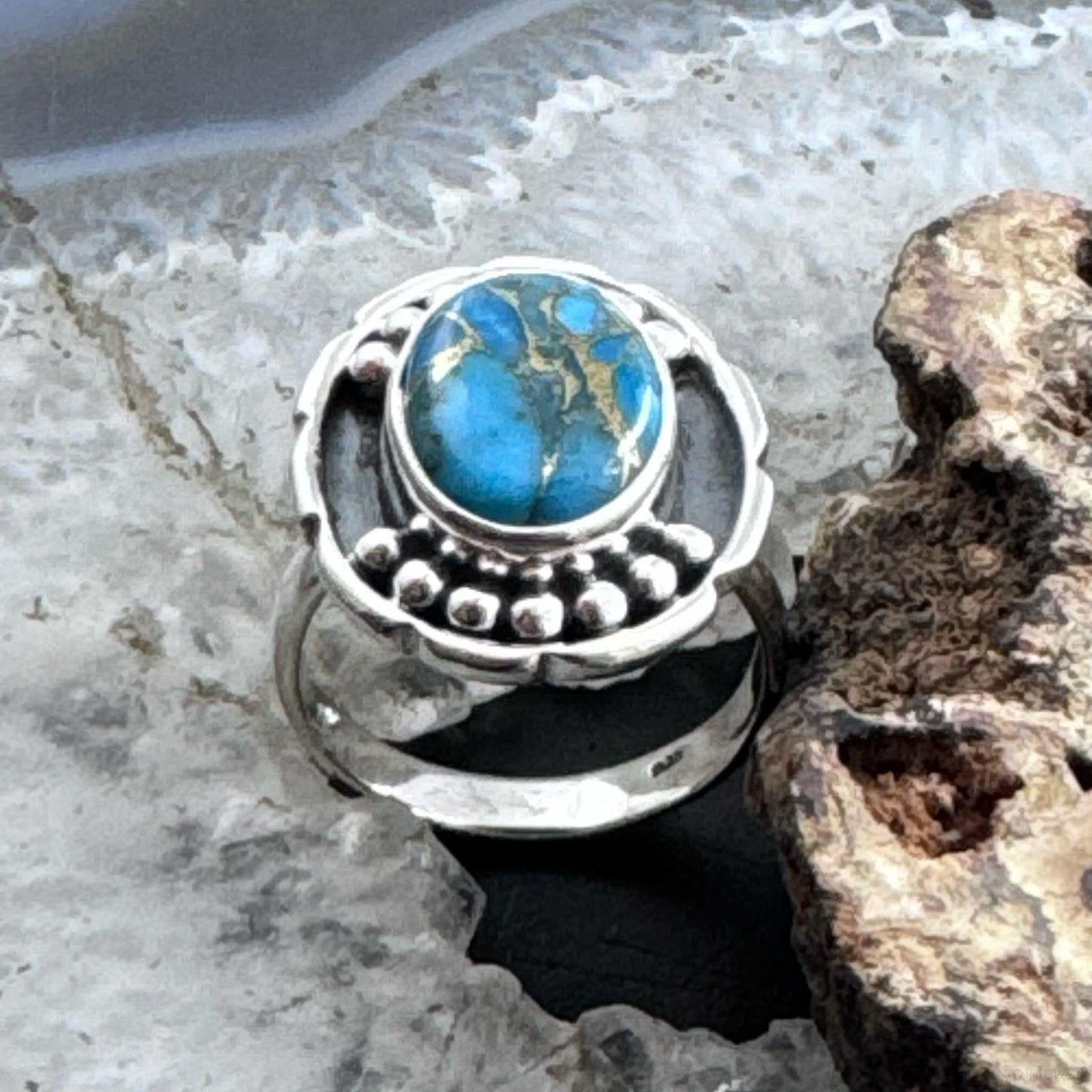 Sterling Silver Southwestern Style Oval Copper Turquoise Decorated Ring For Women