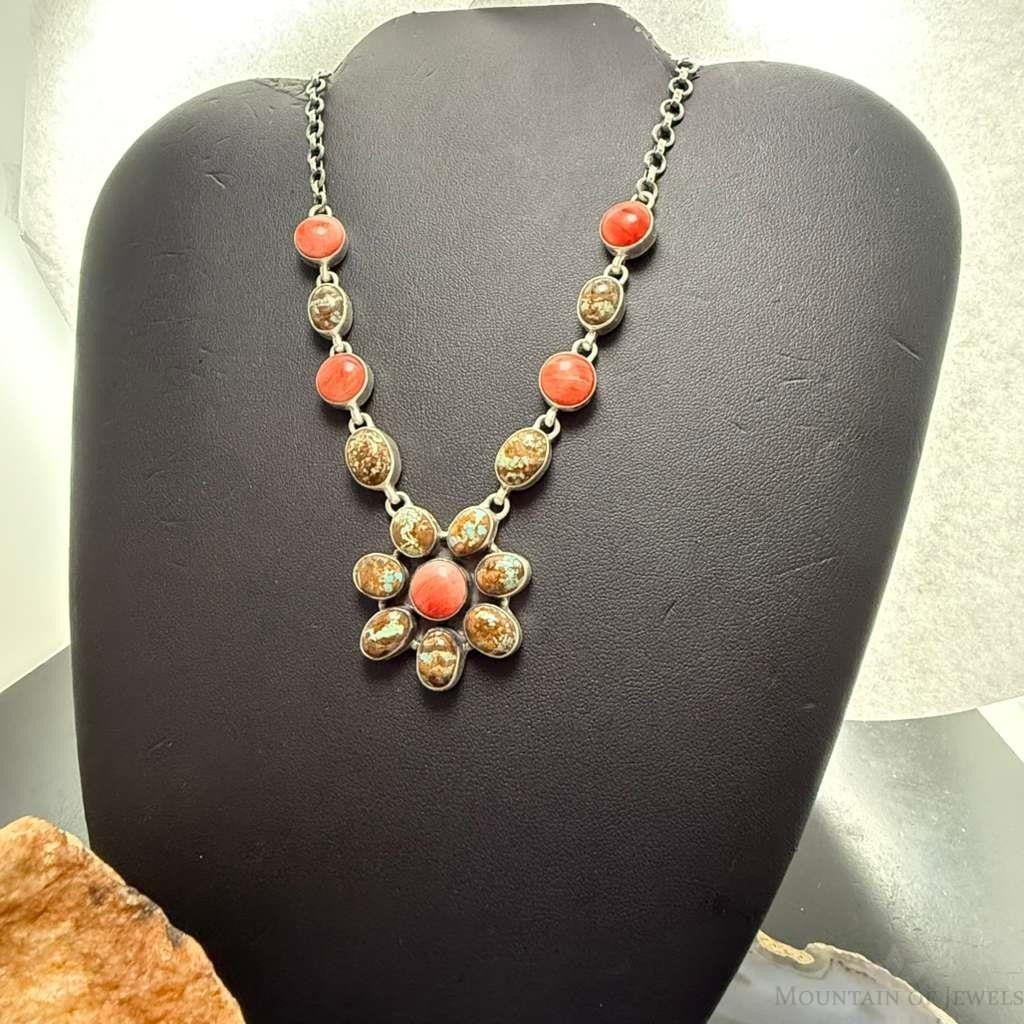 Sterling Silver Southwestern Style Turquoise & Spiny Oyster 20" Necklace For Women
