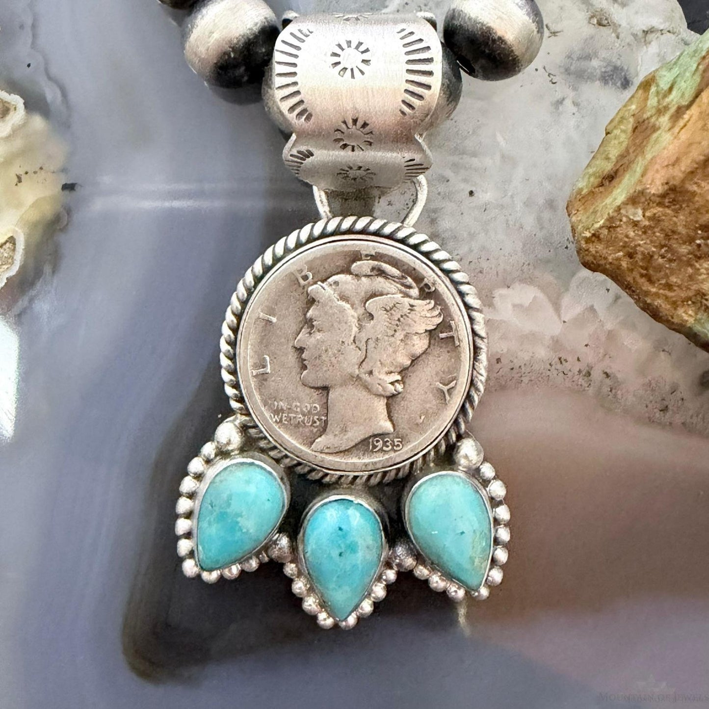 Genuine 1935 Silver 90% Silver Mercury Dime Coin Mohave Turquoise Unisex Sterling Silver Pendant