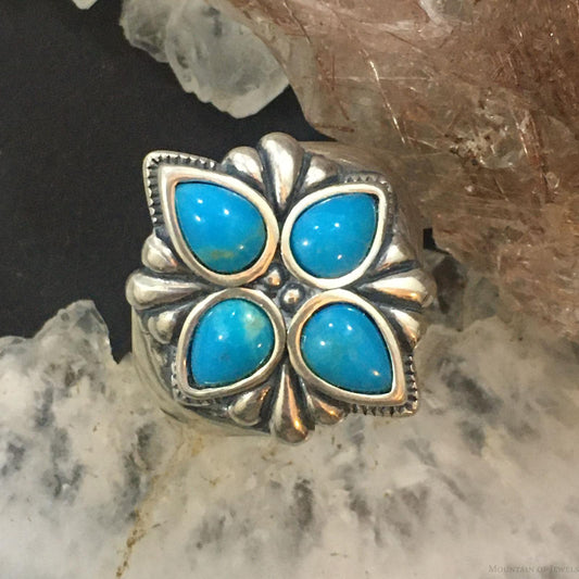 Carolyn Pollack Southwestern Style Sterling Silver 4 Sleeping Beauty Turquoise Cluster Ring For Women