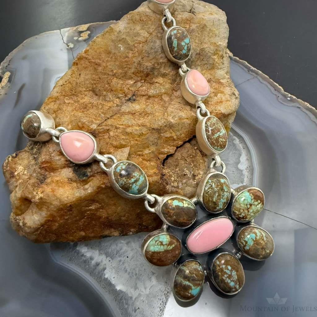 Sterling Silver Southwestern Style Turquoise &Pink Conch Cluster 21" Necklace For Women