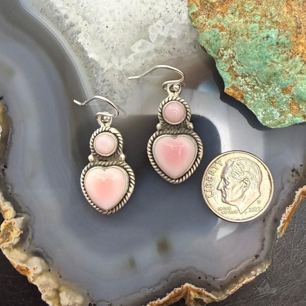 Sterling Silver Southwestern Style Heart Pink Conch Dangle Earrings For Women
