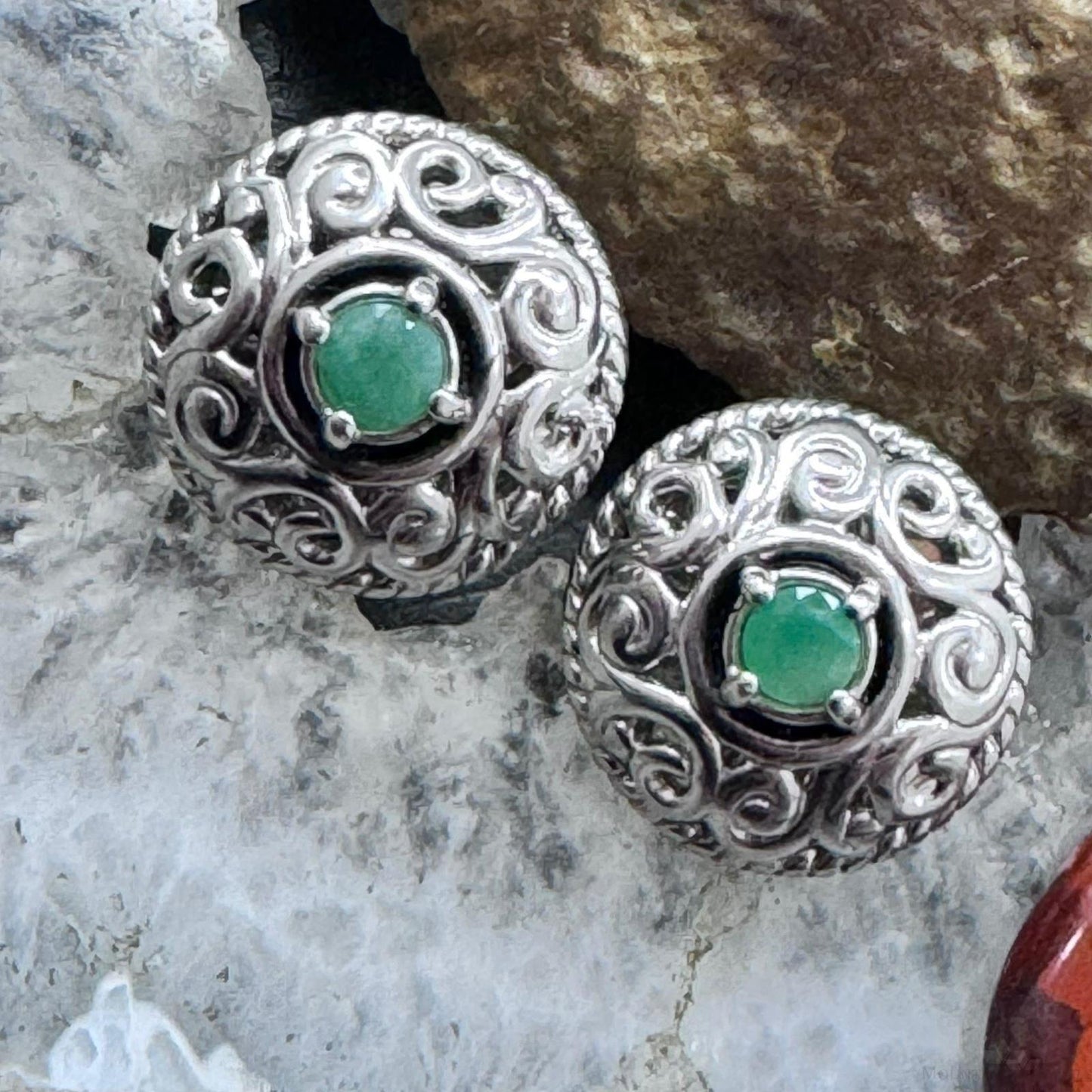 Carolyn Pollack Sterling Silver Faceted Round Emerald Omega Back Stud Earrings For Women