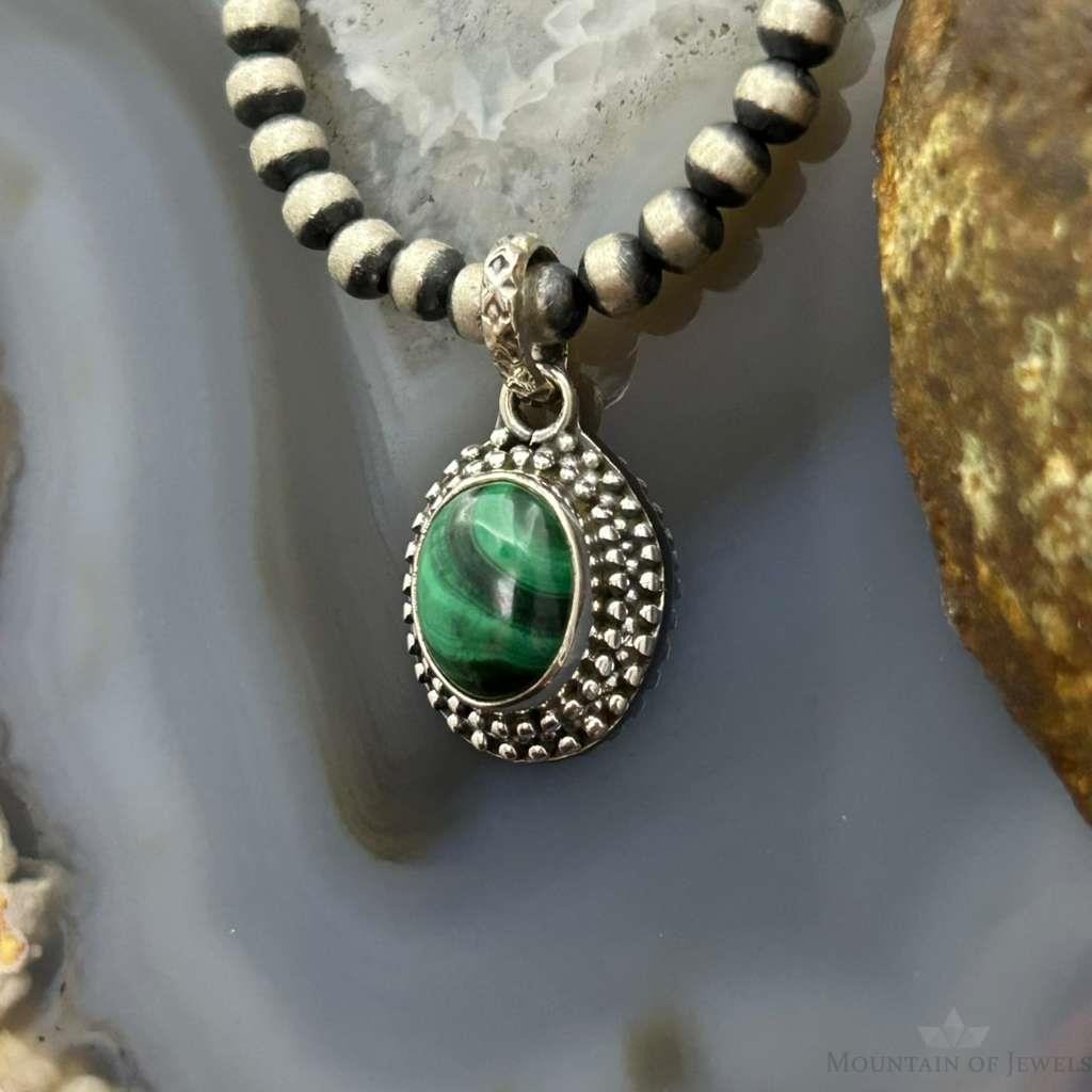Sterling Silver Southwestern Style Oval Malachite Decorated Charm/Pendant For Women