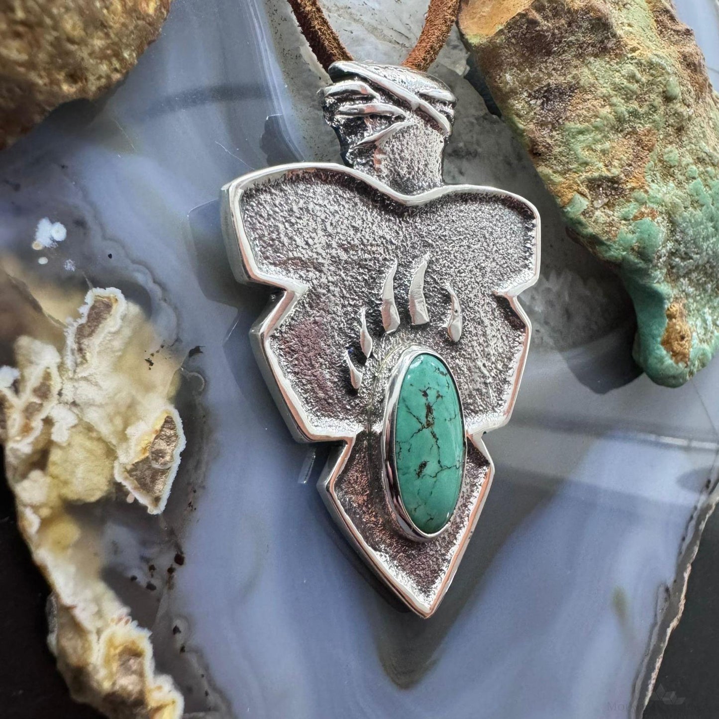 Gary Custer Sterling Silver  Tufa Cast Turquoise Bear Claw Arrowhead Unisex Pendant