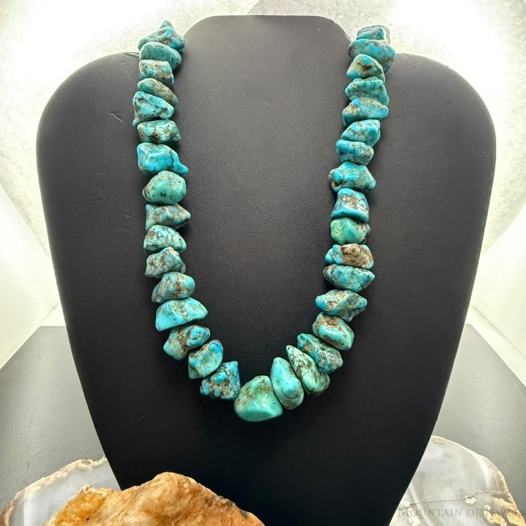 Vintage Native American Silver Rough Graduated kingman Turquoise 18" Necklace For Women