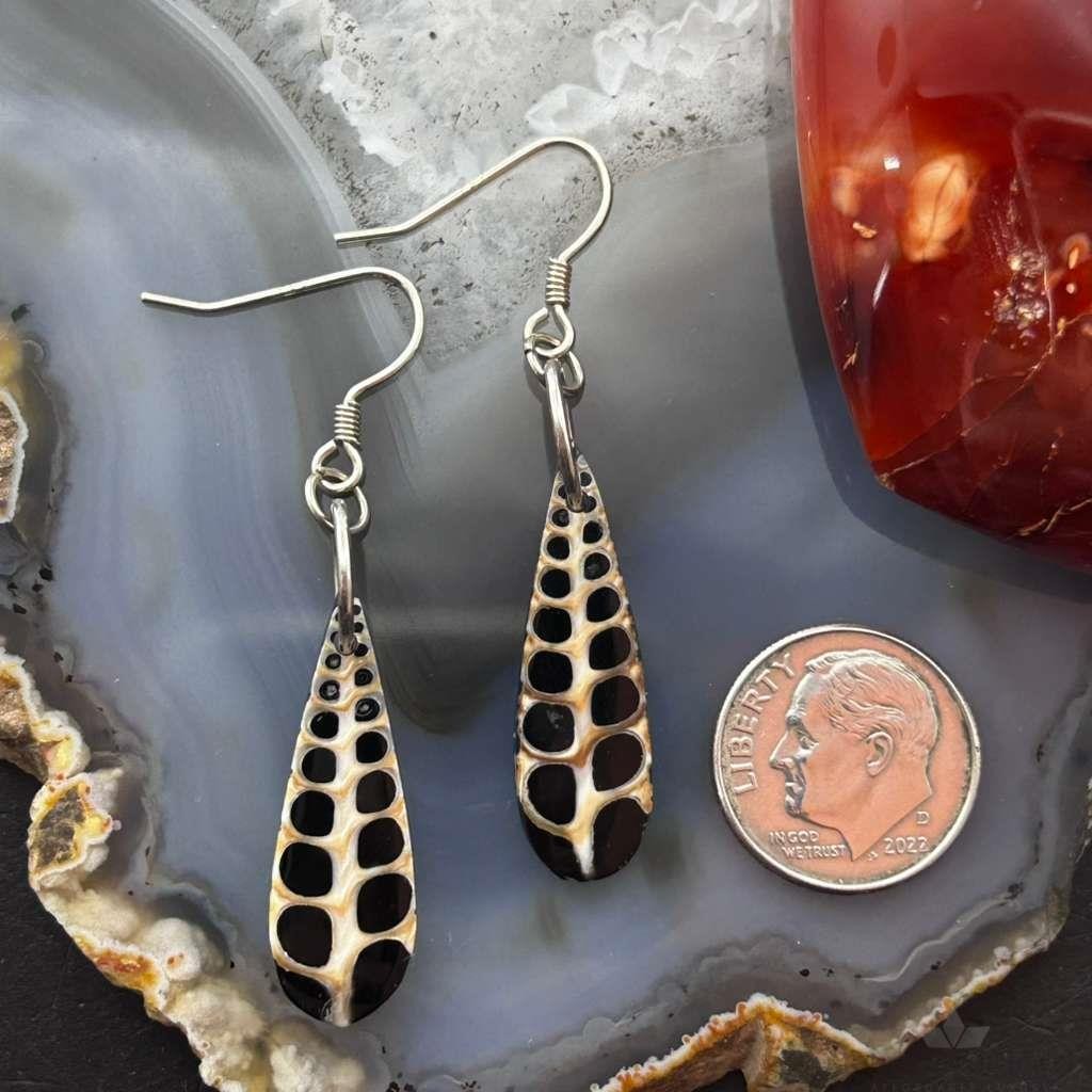 Sterling Silver Teardrop Turritella Fossil Slab Dangle Earrings For Women #333