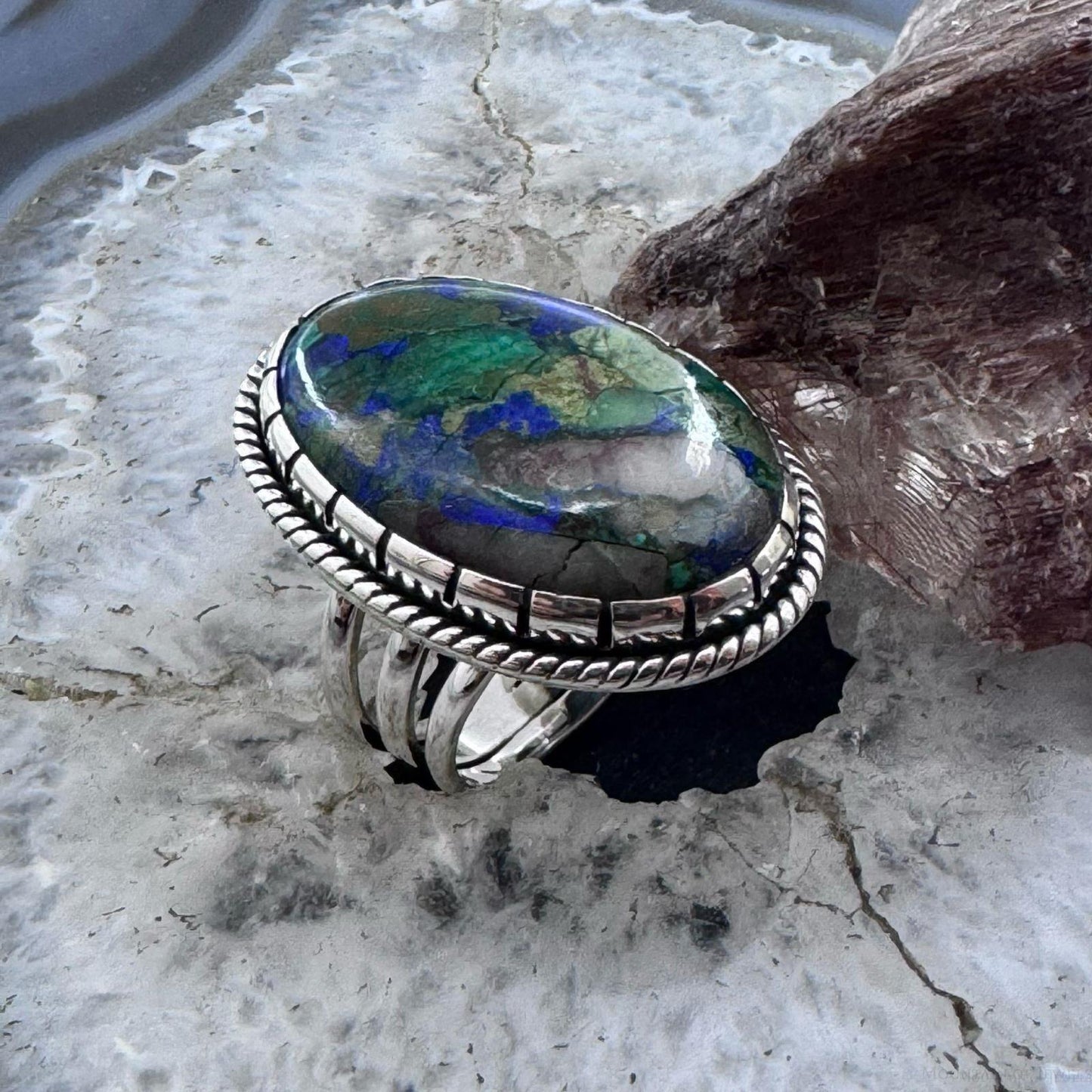 Sterling Silver Southwestern Style Oval Malachite Azurite Ring Size 7.5 For Women