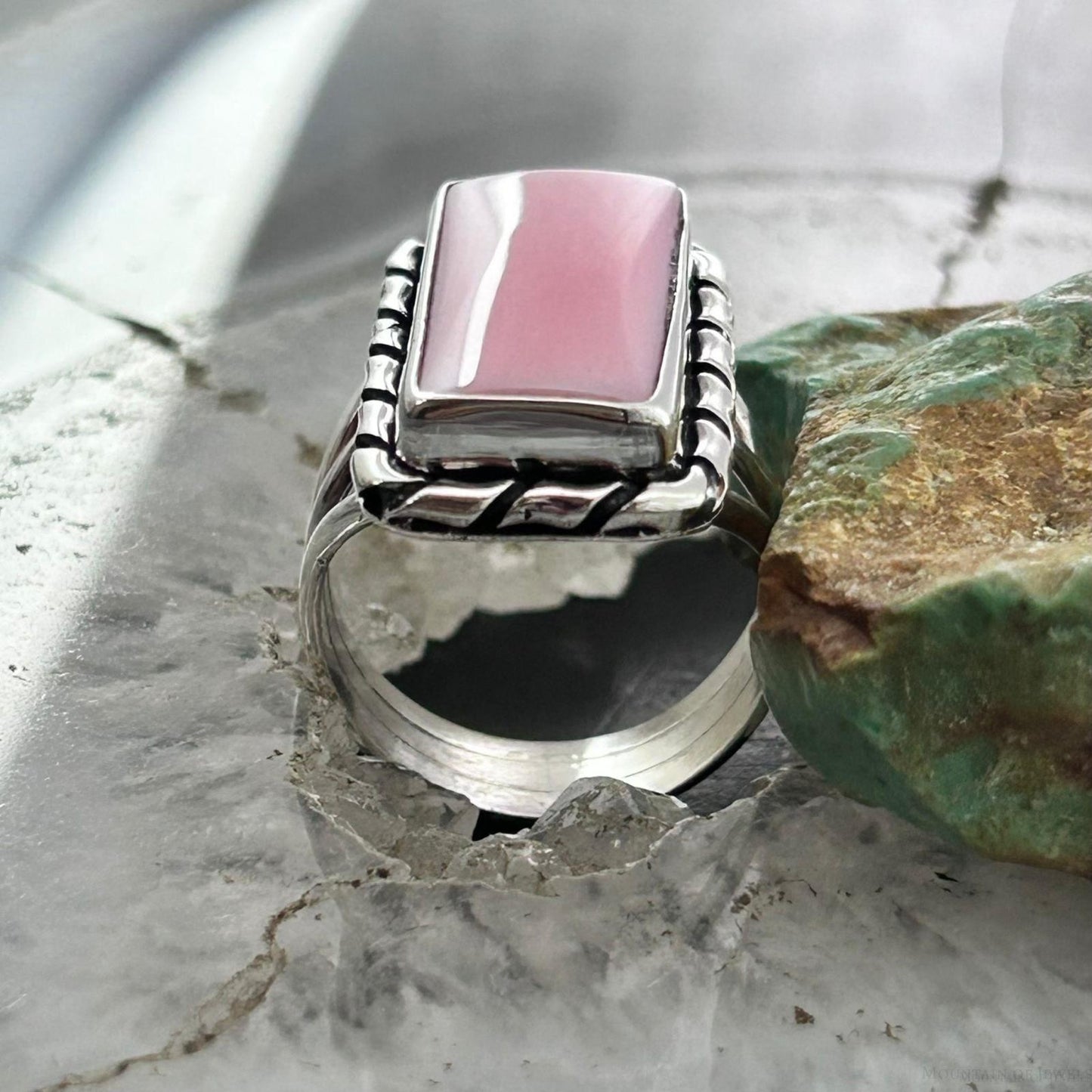 Native American Sterling Silver Rectangle Pink Conch Bar Ring Size 7.5 For Women