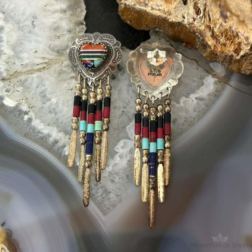 Q.T Quoc Vintage Sterling Sillver Multistone Inlay Heart Dangle Earrings For Women
