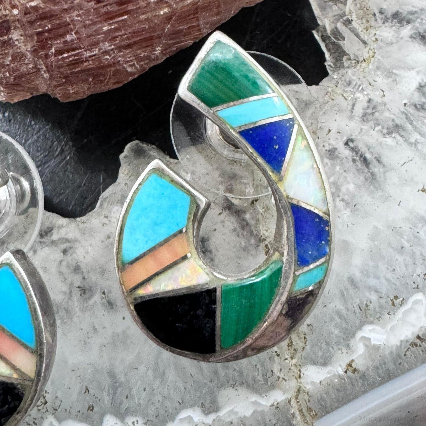 Vintage Native American Sterling Silver Multistone Inlay Post Earrings For Women