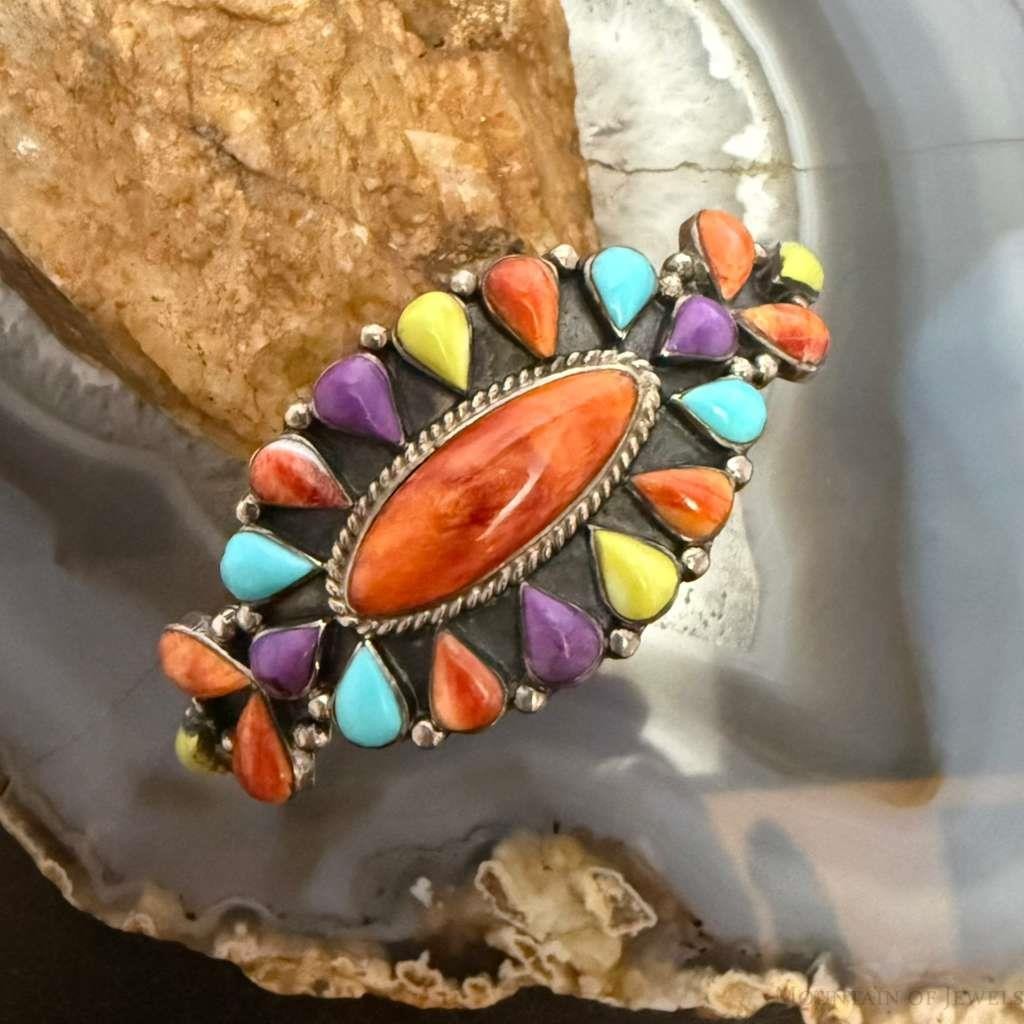 Signed Vintage Native American Sterling Silver Multi Stone Cluster Bracelet For Women