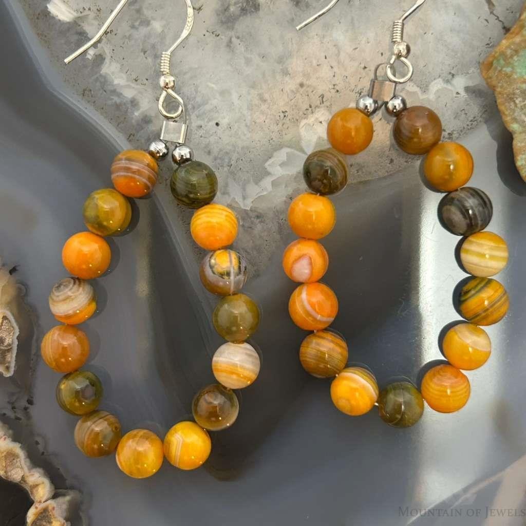Sterling Silver Rounded Yellow Jasper Beads Hoop Dangle Earrings For Women