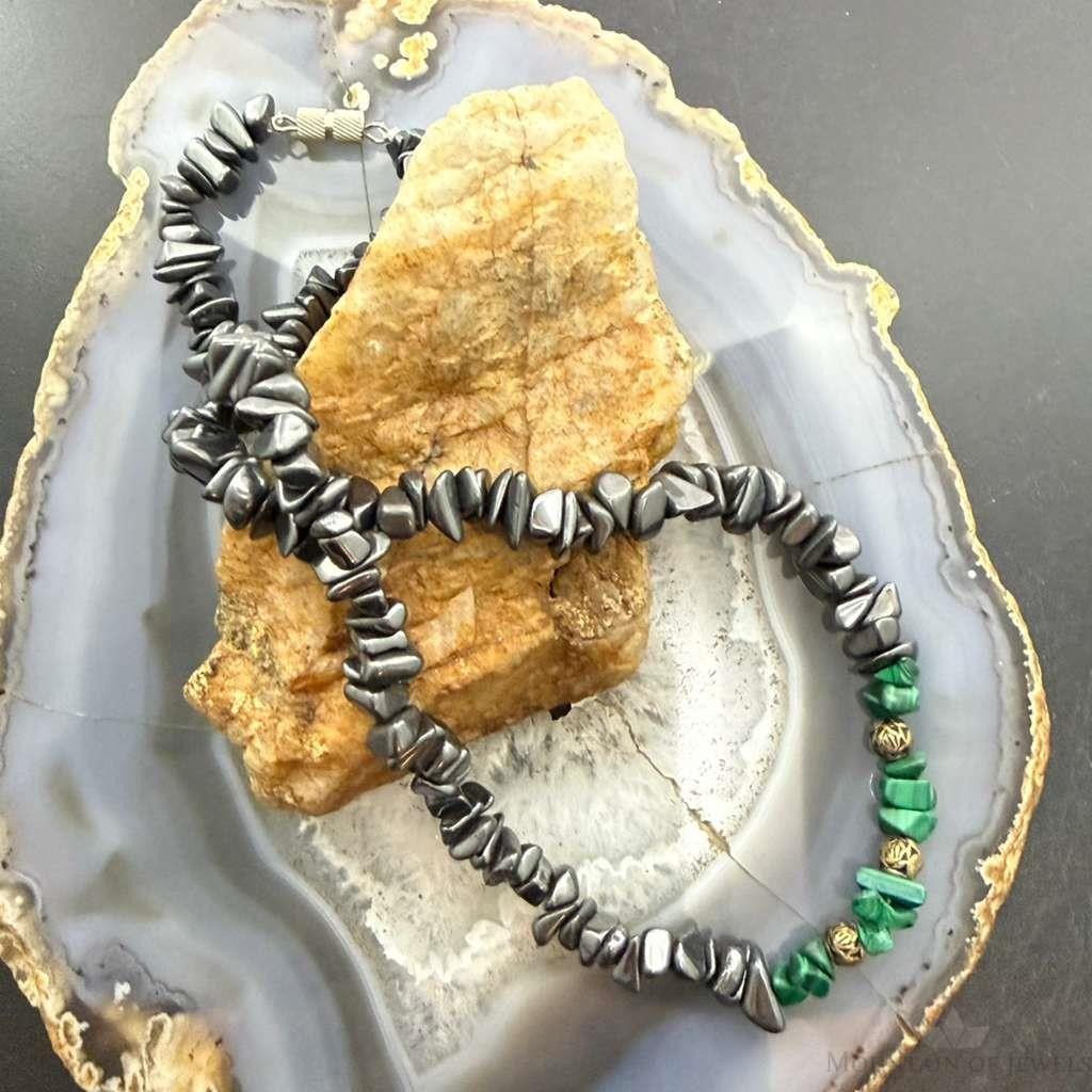 Sterling Silver Hematite & Malachite Beaded 18" Necklace For Women