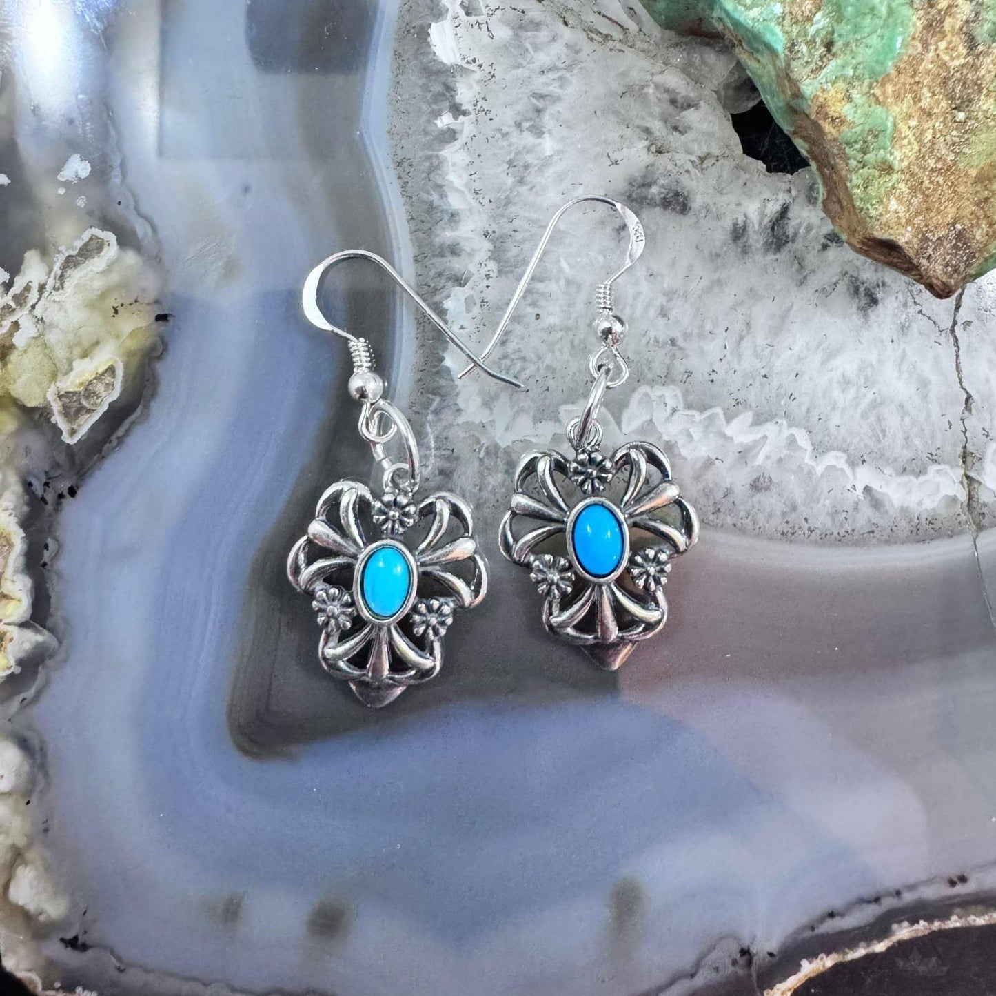 Carolyn Pollack Sterling Silver Turquoise Floral Dangle Earrings For Women